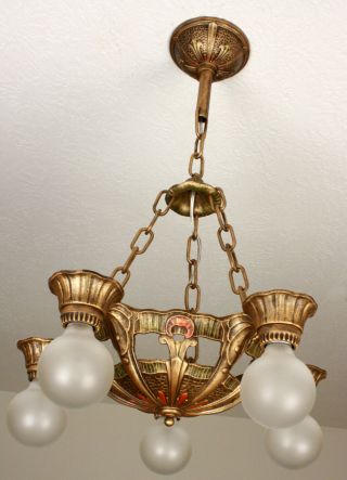 20 ' s ANTIQUE VINTAGE LINCOLN Art Deco 5 LIGHT CEILING CHANDELIER Set Available 6