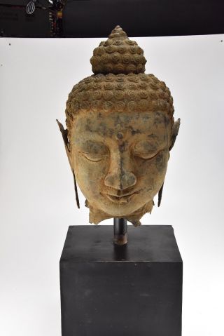 Artefacto Bronze Buddha Head Statue Figurine On Wooden Base 41 " - A489