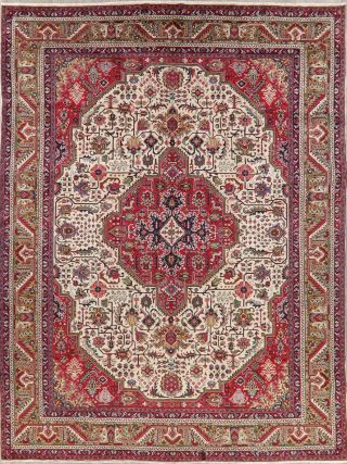 Vintage Geometric Ivory Red Persian Area Rug Heriz Hand - Made Oriental Wool 10x13