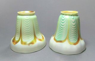 Two Steuben Iridescent Pulled Feather Art Glass Shades Signed Ca.  1915 Quezal Era