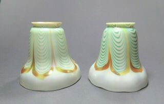 Two STEUBEN Iridescent Pulled Feather Art Glass Shades Signed ca.  1915 Quezal Era 2