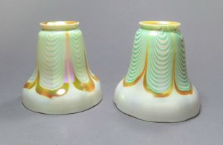 Two STEUBEN Iridescent Pulled Feather Art Glass Shades Signed ca.  1915 Quezal Era 4