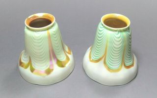 Two STEUBEN Iridescent Pulled Feather Art Glass Shades Signed ca.  1915 Quezal Era 5