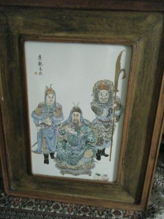 CHINESE PAINTING ON PORCELAIN IN WIDE WOODEN CUSTOM FRAME ARTIST SIGNE 2