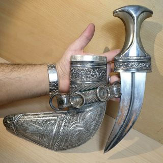 18 Old Rare Antique Islamic Omani Silver Dagger Jambiya Jambya Khanjar Bedouin 2