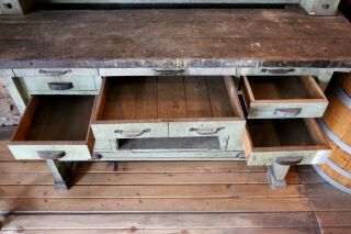 Antique Industrial Green / Black Primitive Workbench Table Kitchen Island 10