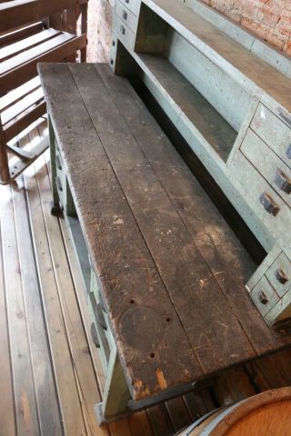 Antique Industrial Green / Black Primitive Workbench Table Kitchen Island 12