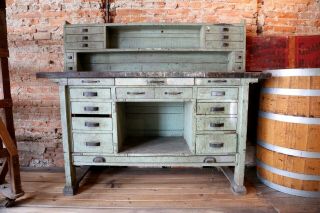 Antique Industrial Green / Black Primitive Workbench Table Kitchen Island