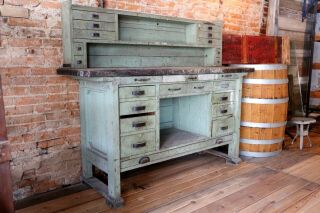 Antique Industrial Green / Black Primitive Workbench Table Kitchen Island 2