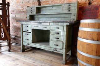 Antique Industrial Green / Black Primitive Workbench Table Kitchen Island 3
