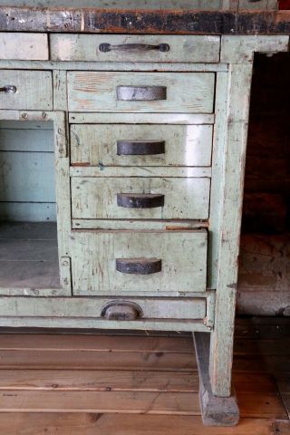 Antique Industrial Green / Black Primitive Workbench Table Kitchen Island 7