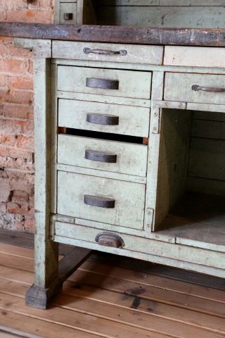 Antique Industrial Green / Black Primitive Workbench Table Kitchen Island 8