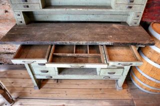 Antique Industrial Green / Black Primitive Workbench Table Kitchen Island 9