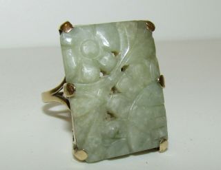 , Large,  Antique,  Chinese 9ct Gold Trap Cut Ring With Natural Carved Jade