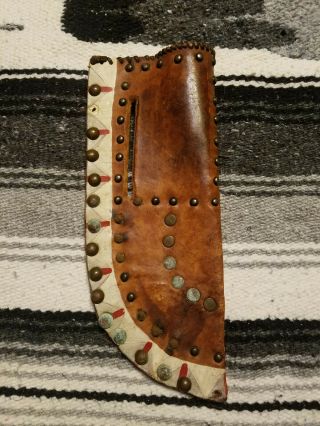 Large Rare Native American Indian Leather Knife Sheath With Metal Ca.  1900 - 15