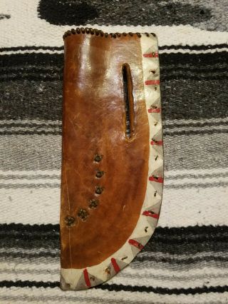LARGE RARE native AMERICAN INDIAN LEATHER KNIFE SHEATH WITH METAL CA.  1900 - 15 2