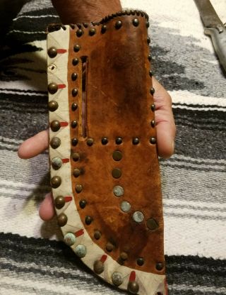 LARGE RARE native AMERICAN INDIAN LEATHER KNIFE SHEATH WITH METAL CA.  1900 - 15 3