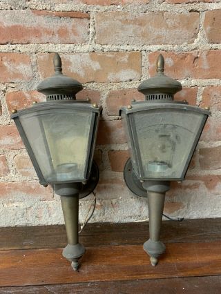 Pair Antique/vtg Brass Metal Glass Outdoor Porch Patio Wall Sconce Light 5192