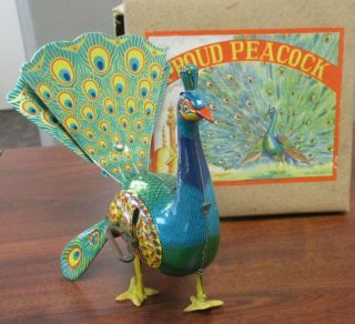 Rare Vtg Alps Occupied Japan Tin Litho Wind Up Proud Peacock Toy Orig Box
