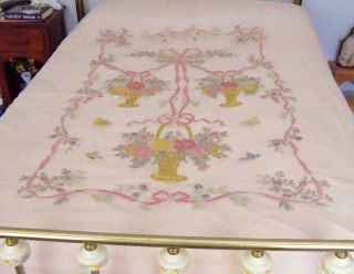 Vintage/antique Pink Silk Broadcloth Coverlet W/embroidered Tulle Net Topper