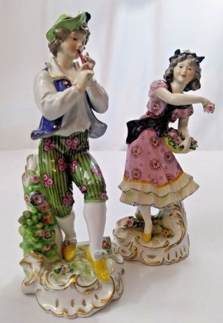 Antique Ginori Capodimonte Flute Boy & Flower Girl Figurines Hand Painted C1800