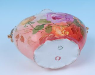 Antique HP Signed Pink Roses Raised Enamel Pouyat French Porcelain Limoges Vase 10