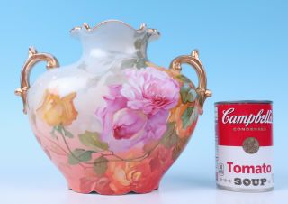 Antique HP Signed Pink Roses Raised Enamel Pouyat French Porcelain Limoges Vase 12