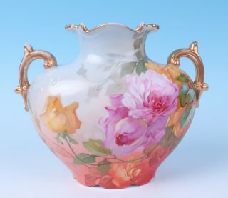 Antique Hp Signed Pink Roses Raised Enamel Pouyat French Porcelain Limoges Vase
