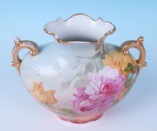Antique HP Signed Pink Roses Raised Enamel Pouyat French Porcelain Limoges Vase 2