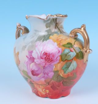 Antique HP Signed Pink Roses Raised Enamel Pouyat French Porcelain Limoges Vase 4