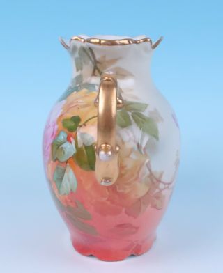 Antique HP Signed Pink Roses Raised Enamel Pouyat French Porcelain Limoges Vase 6