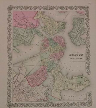 Antique Map Of Boston 1856 Joseph Colton Shows Early Railroad Lines
