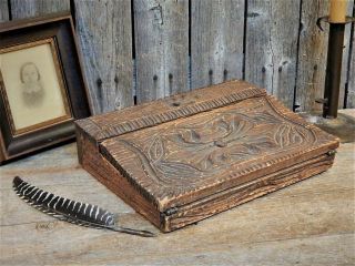 AAFA Rare Antique Folk Art Carved Wooden Writing Lap Desk Travel 11