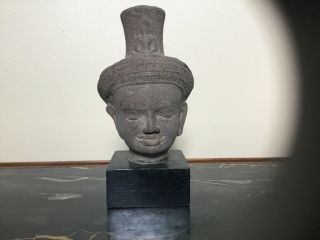 Ancient Antique Carved Stone Buddha Head With Wooden Stand