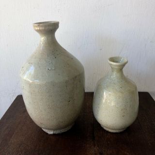2 Antique Korean Crackle Glaze Celadon Pottery Glaze Jar Bottle Vase