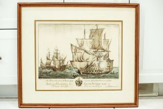 1709 Framed Hand Colored Engraving France French Battle Ship