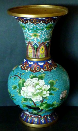 Large Antique Vintage Chinese Oriental Hand Made Cloisonne Vase Peonies Prunus
