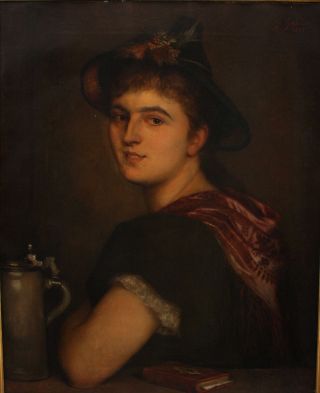Antique GUSTAVE GAUL Life - Sized Portrait,  Austrian Barmaid Woman w/ Stein NR 3