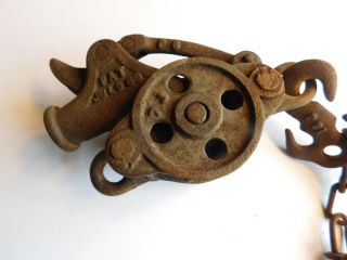 Antique Block & Tackle Cast Iron Double Pulley Fence Stretcher Farm Tool 2