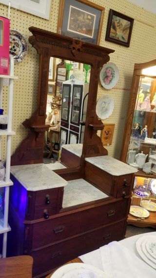 Antique Victorian 1860 ' s Dresser Drop - front Center Marble Top 2