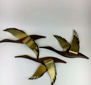 Vintage Set 3 Mid - Century Modern Danish Flying Geese Wood Brass Birds Wall Decor