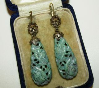Exquisite,  Antique,  Chinese Silver Gilt Carved Turquoise Earrings