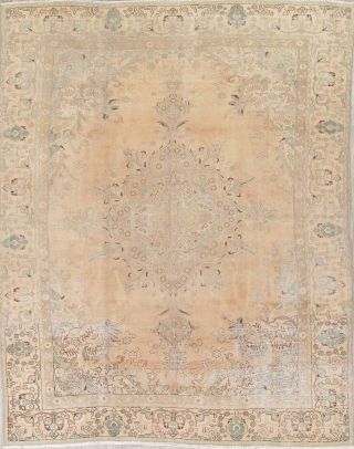 Antique Distressed Persian Area Rug Geometric Pale Peach Muted Carpet Wool 9x12