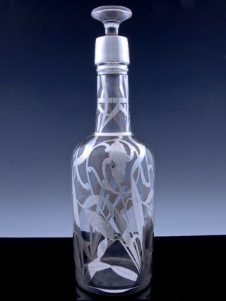 Stunning Large Art Nouveau Sterling Silver Overlay Glass Whiskey Decanter Bottle