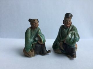 Pair Rare Ming Dynasty Chinese Antique Shekwan Miniature Figures Bonsai