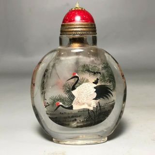 Old Collectible Chinese Crystal Inside Paint Red - Crowned Crane Snuff Bottle