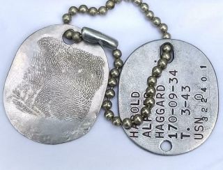 WWII USN Navy Thumbprint Dog Tags Trench Art Insignia Badge IDed Unique 2