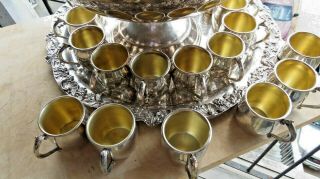 F B Rogers Ornate Punch Bowl 20 Cups Tray Heavy Silver Plated Pedestal SET Ladle 2