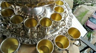 F B Rogers Ornate Punch Bowl 20 Cups Tray Heavy Silver Plated Pedestal SET Ladle 3