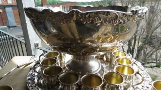 F B Rogers Ornate Punch Bowl 20 Cups Tray Heavy Silver Plated Pedestal SET Ladle 7